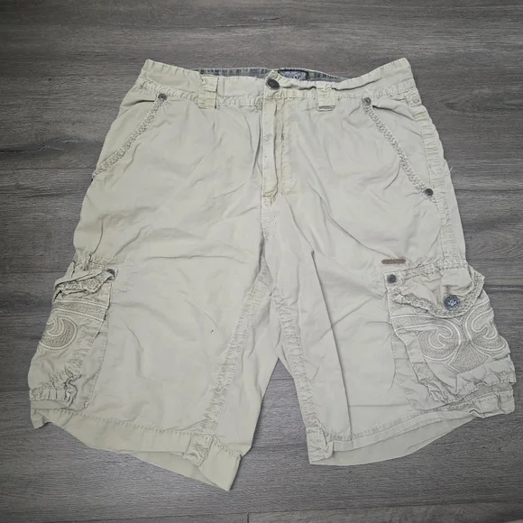 Affliction Y2K Cargo Coatal Detailed Mens Shorts Size 33 Cream Baggy Streetwear - Picture 1 of 14